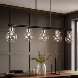 Carrall Modern 6-Light Black Gold Linear Chandelier Glass Pendant Light Fixture 28 L X 13.5 W X 9 H