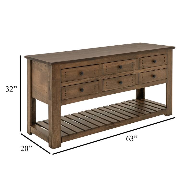 Linaa Sofa Console Table, Drawers n Shelf, Barrel Brown Wood, 63 Inch