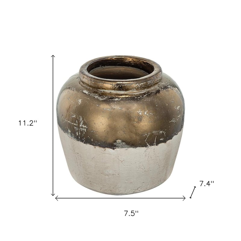 11" Antiqued Bronze And Light Gray Color Block Ceramic Round Table Vase - 7.50