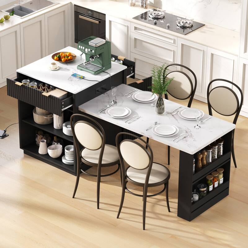 82.6" Fluted Kitchen Island with Extendable Dining Table for 4-6, Island Table for Kitchen with Power Outlet