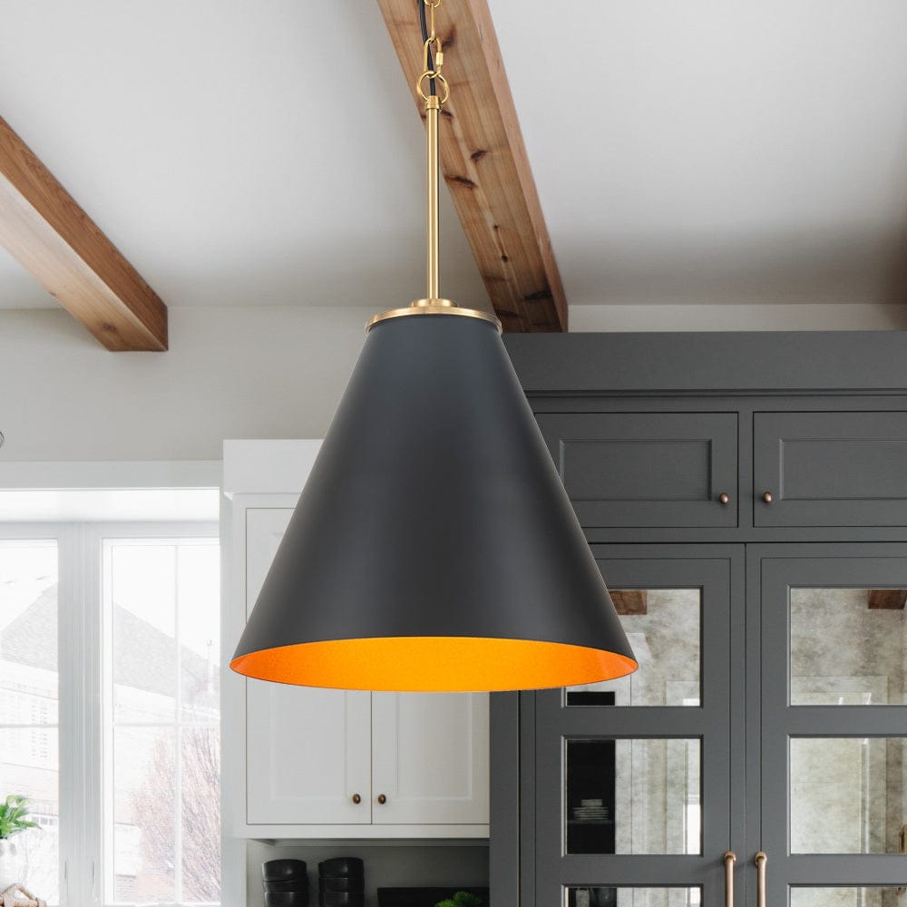 Scandinavian Aged Brass Matte Black Iron Round Tapered Pendant Light - 15 Inches