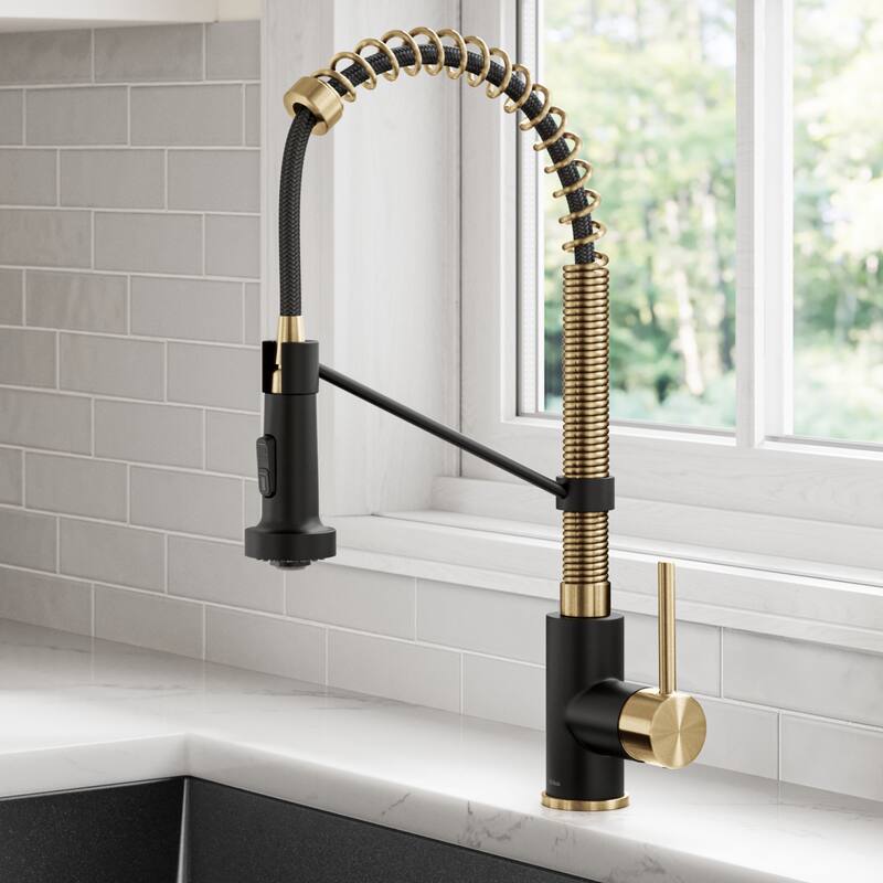 Kraus Bolden 2-Function 1-Handle Commercial Pulldown Kitchen Faucet - KPF-1610 - 18" Height - BBMB - Brushed Brass/ Matte Black