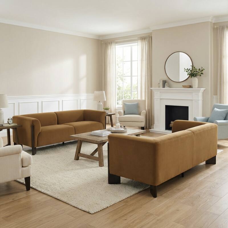 2 Set Modern Deep Seat Tuxedo Arms Sofa Loveseat