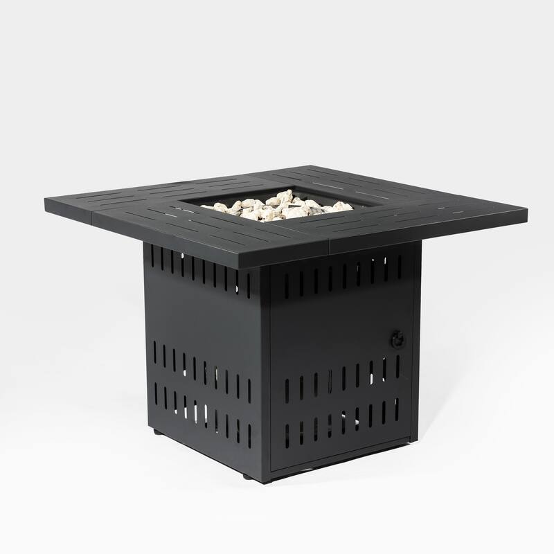 GDFStudio - Niles Black Steel 34-Inch Outdoor Propane Fire Pit Table with Adjustable Flame and Lava Rocks