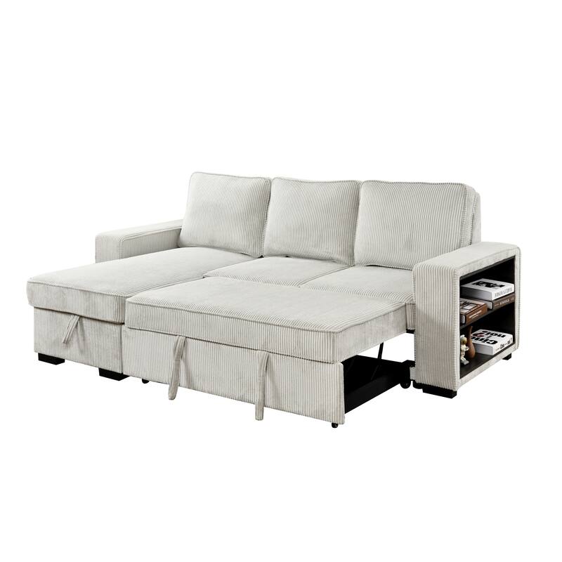 L-Shaped Sectional Convertible Sleeper Sofa Bed with Storage, USB Port & Cup Holder - Beige