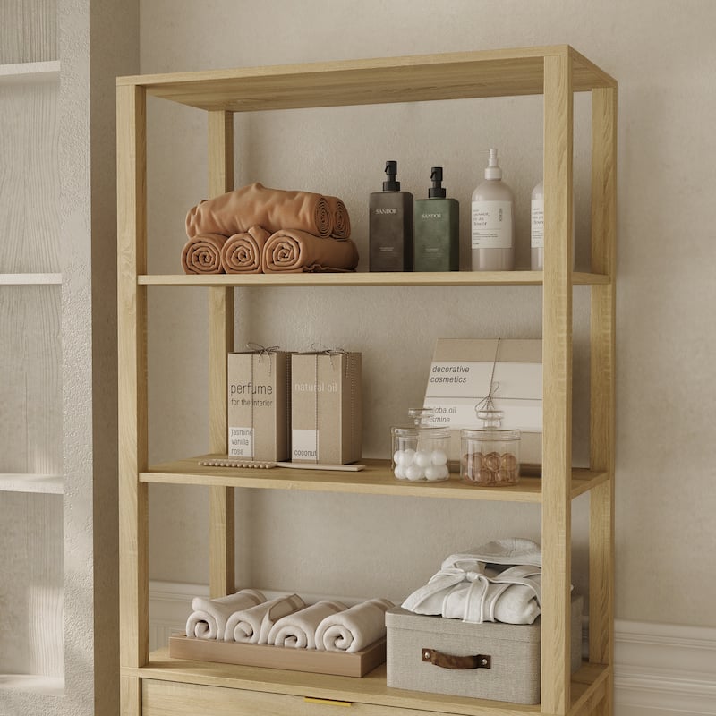 Tall Laundry Hamper Cabinet with Shelves and Drawer for Bathroom