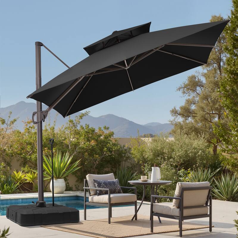 Outdoor 10 x 10ft Square Double Top Patio Cantilever Umbrella with Base - Black