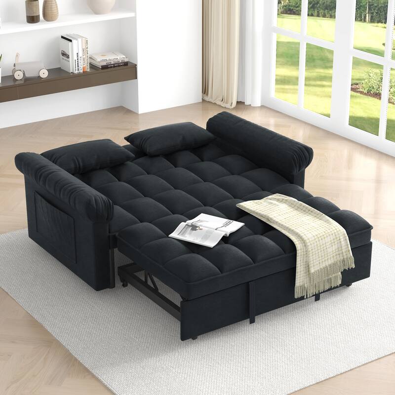 Flannel Sleeper Sofa Bed Loveseat Recliners Couch with Pull-Out Trundle, Adjustable Backrest, Round Arms and Side Pockets