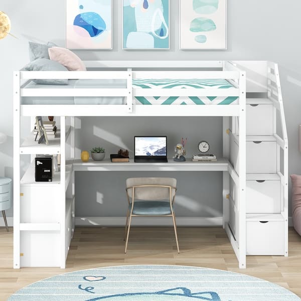 slide 2 of 22, Full Loft Bed with Desk and Safety Guardrail, Wood Full Loft Bed Frame with Shelves, 2 Built-in Drawers and Storage Staircase White - Full