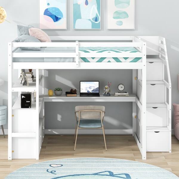 slide 2 of 14, Full Size Bed Loft Bed w/ Desk, Shelves, Drawers, Storage Staircase, White White