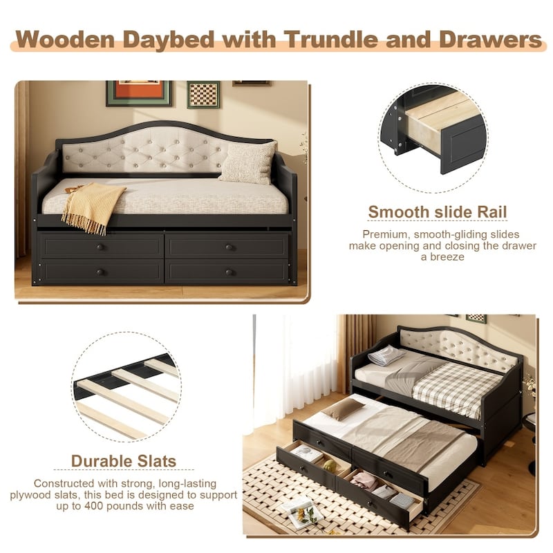 Twin Size Wooden Daybed with Trundle and 2 Drawers, Upholstered Backrest