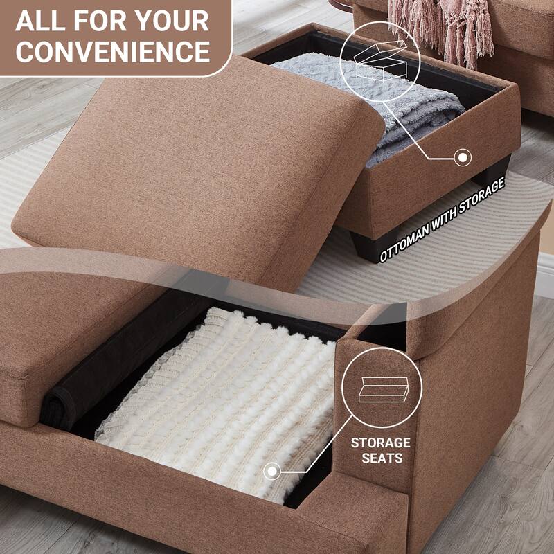 L Shaped 3 Seats Sofa with Armrest Organizer, Linen Sectional Sofa with Movable Ottoman, Comfy Upholstered 3 Seater Couch,