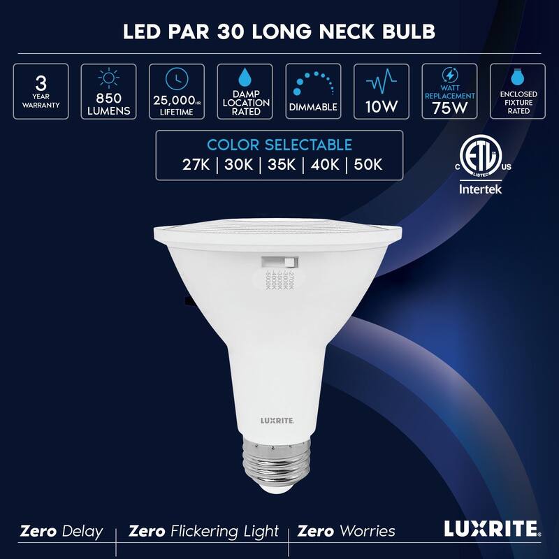 Luxrite PAR30 Long Neck LED Flood Light Bulb 10W=75W 5CCT 850 Lumens Dimmable Damp Rated ETL Listed E26 Base (12 Pack)