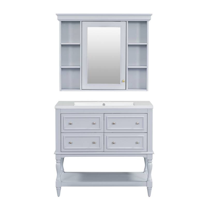 35'' Wall Mounted Bathroom Mirror Cabinet with Adjustable Shelves and Open Storage