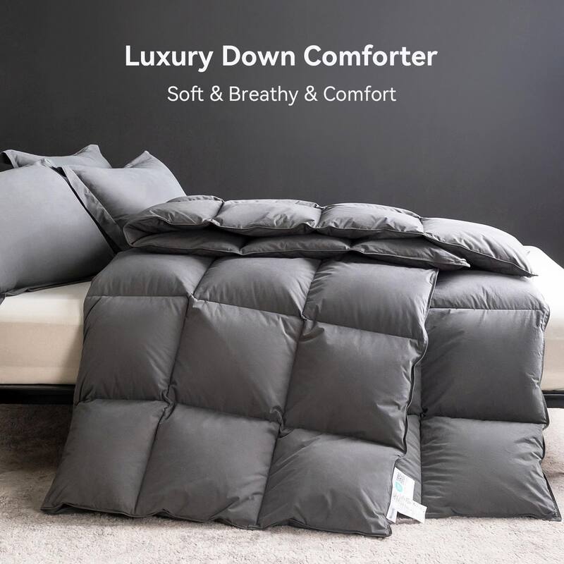 Three Geese Pinch Pleat Goose Feathers Down Comforter Palatial King Size Duvet Insert,750+ Fill Power,1200TC Organic Cotton Fabric,All Seasons Premium Gray Down Comforter With 8 Tabs