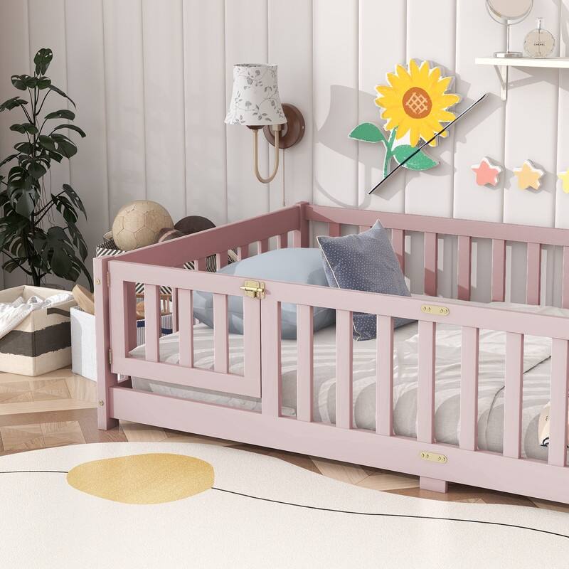 Twin Size Floor Bed with Fence and Door, Safety Guardrails
