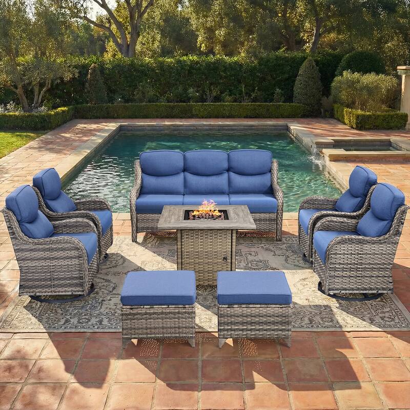 Pocassy Outdoor Propane Fire Table w/ Sofa Swivel Chair Ottoman Funiture Set. - Gray Wicker Blue Cushion - 8-Piece Sofa Swivel Chair Ottoman w/ Fie Table