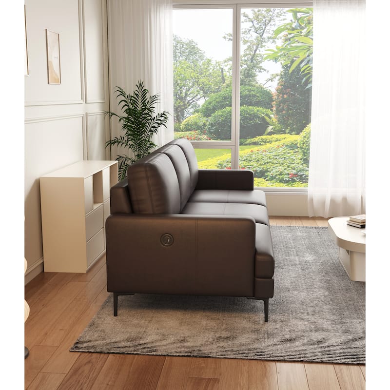 Dark Brown Genuine Leather 3-seater Sofa with USB Charger