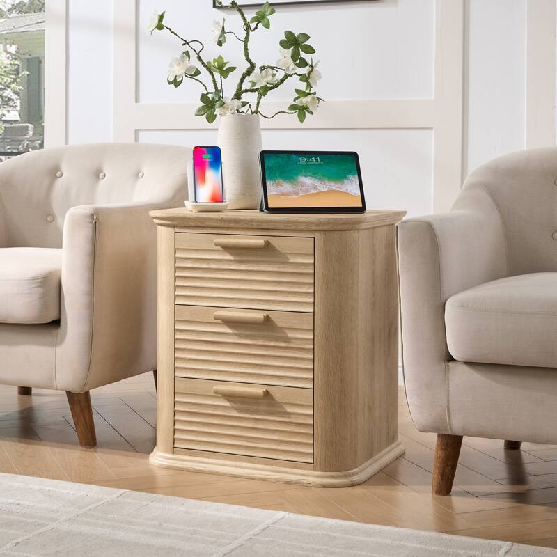 22" Wide Fluted Nightstand with Charging Station, Modern End Table, Wood 3 Drawer Dresser, Large Bedside Tables