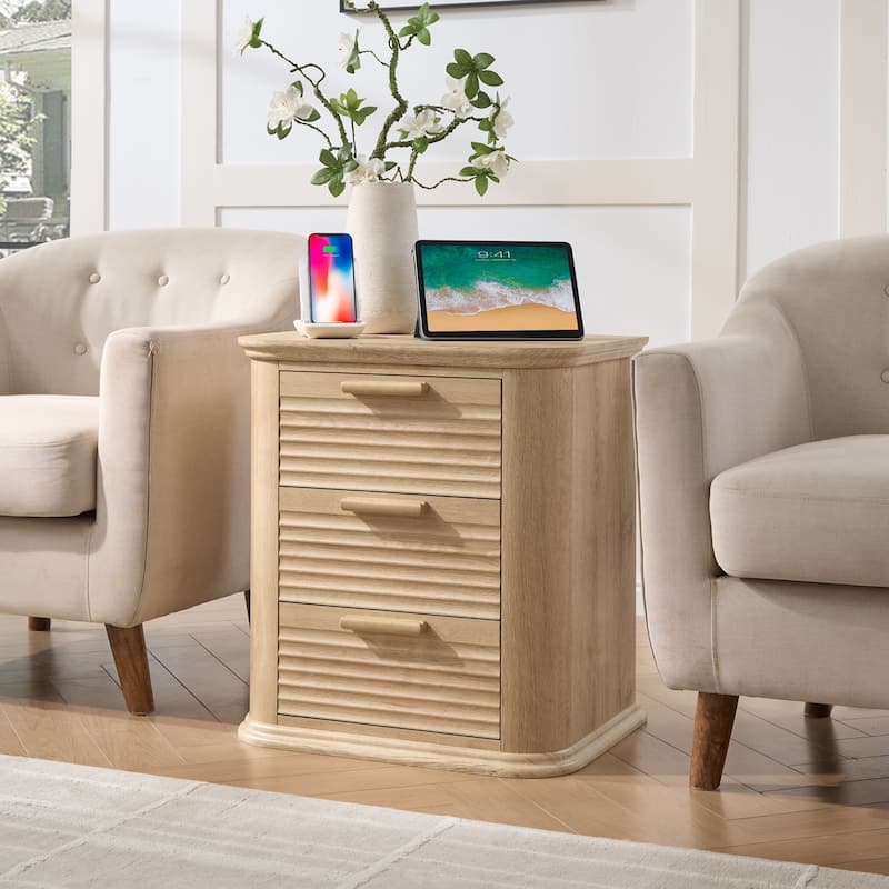 Anmytek 3 Drawer Nightstand with Charging Station Fluted Design Natural Wood Bedside Table
