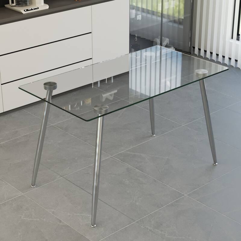 Glass Dining Table, Modern Rectangular Table with Tempered Glass Tabletop & Sliver metal Legs, Simplistic Kitchen Table