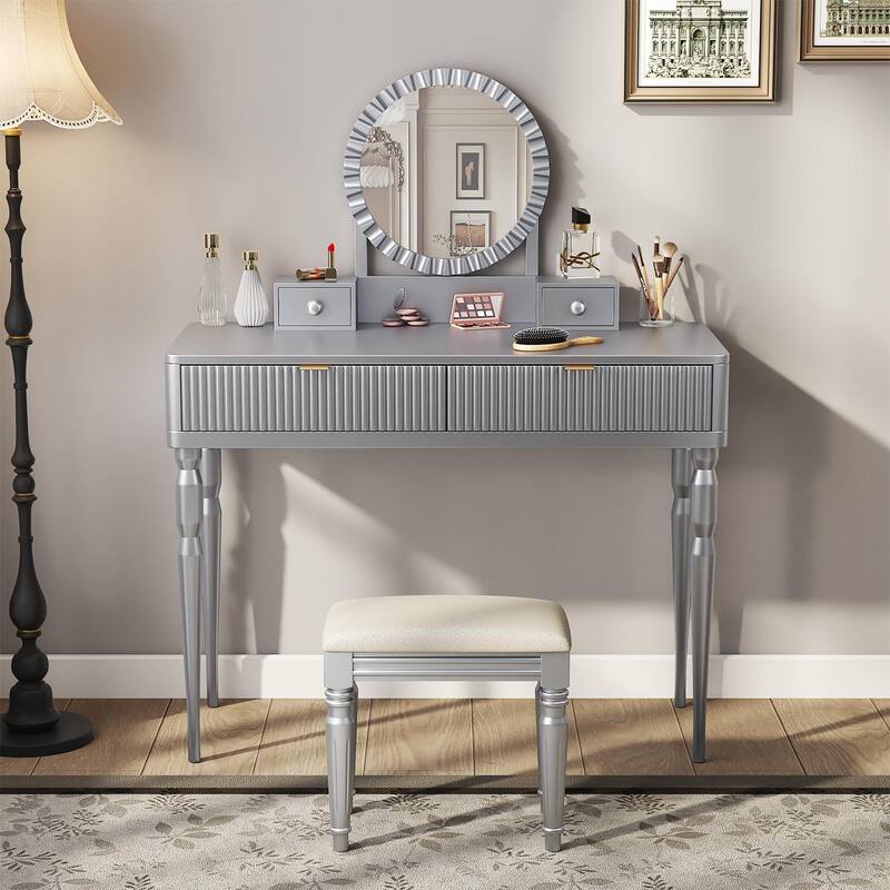 Vanity Desk with Adjustable Round Mirror, Wooden Dressing Table Set, Makeup Vanity Table with 4 Drawers & Cushioned Stool - Silver