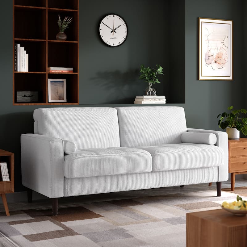 Modern Corduroy Upholstered 2 Seater Sofa with Bolster Pillows - Beige