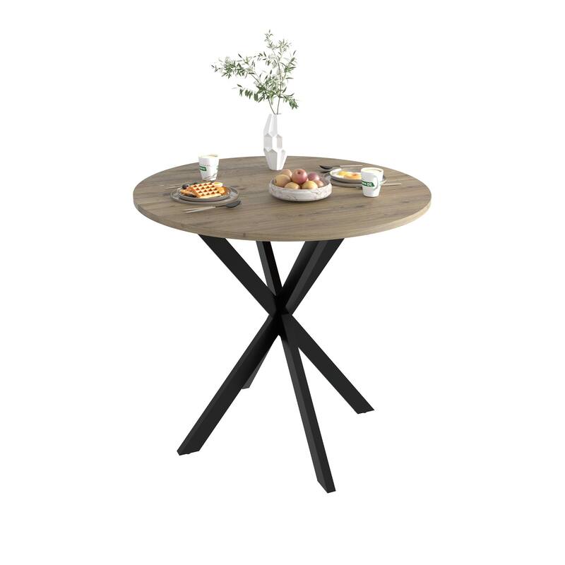 Anmytek Round Dining Table Modern Wood Top and Metal Frame Brown Industrial Kitchen Table