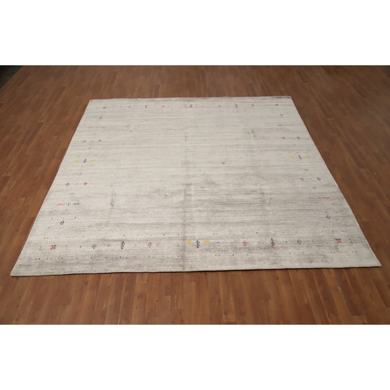 Hand Knotted Oriental Viscose Silk Carpet Tribal Animal Pictorial Beige & Ivories Gabbeh Area Rug - 8' 9'' X 8' 9''