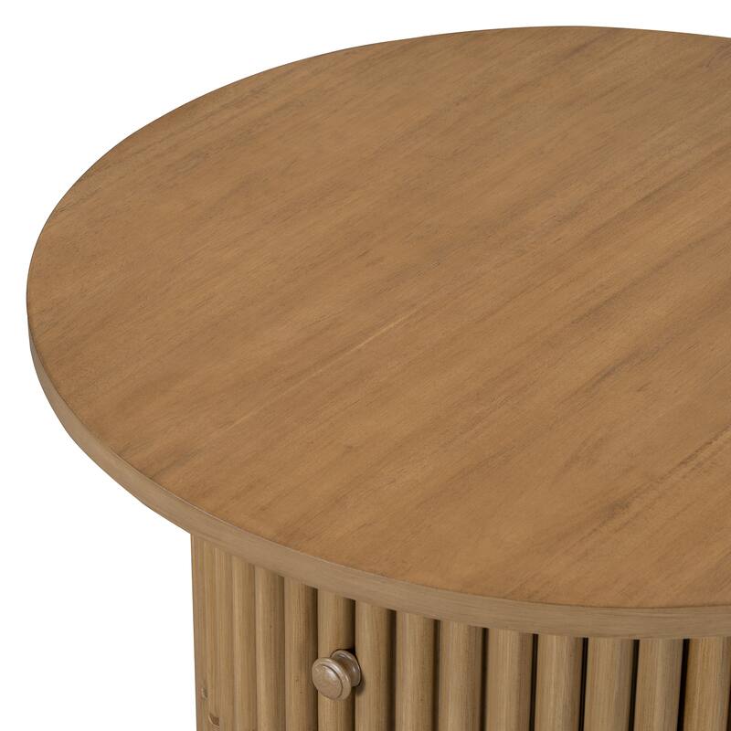Round Coffee Table for Living Room in Natural, Farmhouse Coffee Table with a Drawer, Center Table with Vertical Slat Ba