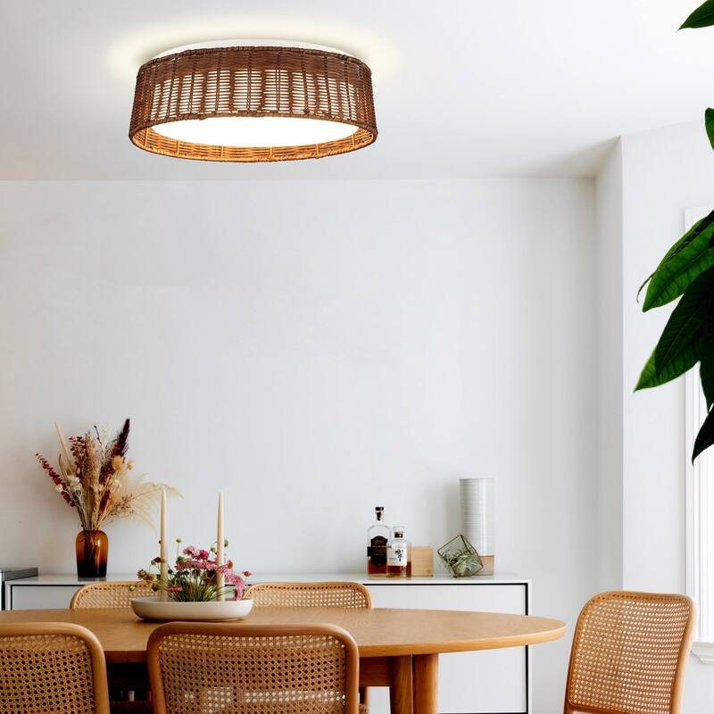 16.5" Farmhouse Rattan LED Flush Mount Ceiling Light