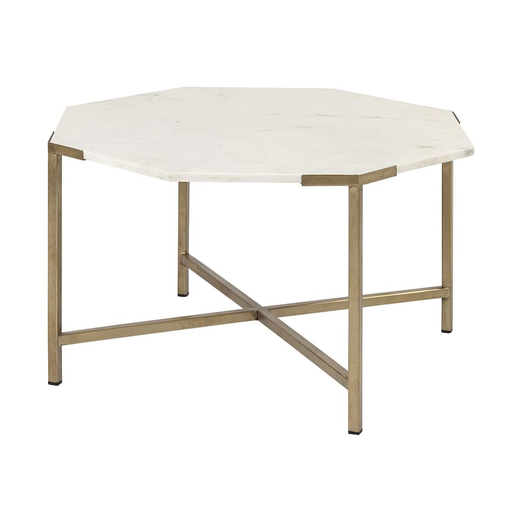 HomeRoots33" White And Gold Genuine Marble Octagon Coffee Table - 33