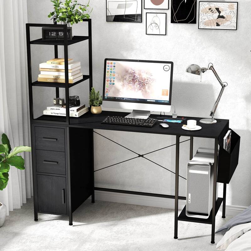 Costway Office Desk with LED Lights & Power Outlets Open Shelves 2