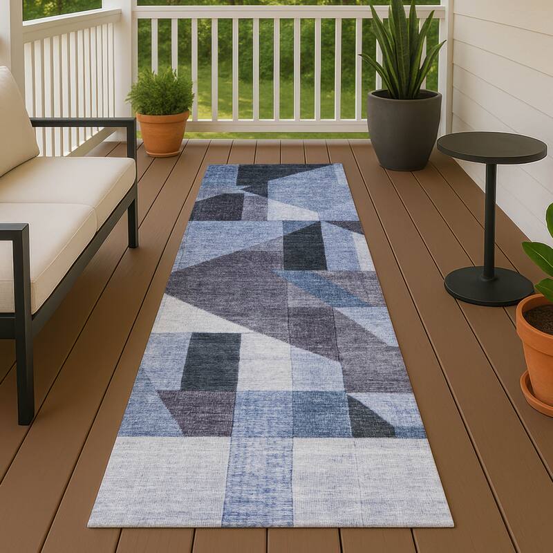 Machine Washable Indoor/ Outdoor Modern Geo Chantille Rug - Blue - 2'3" x 7'6"