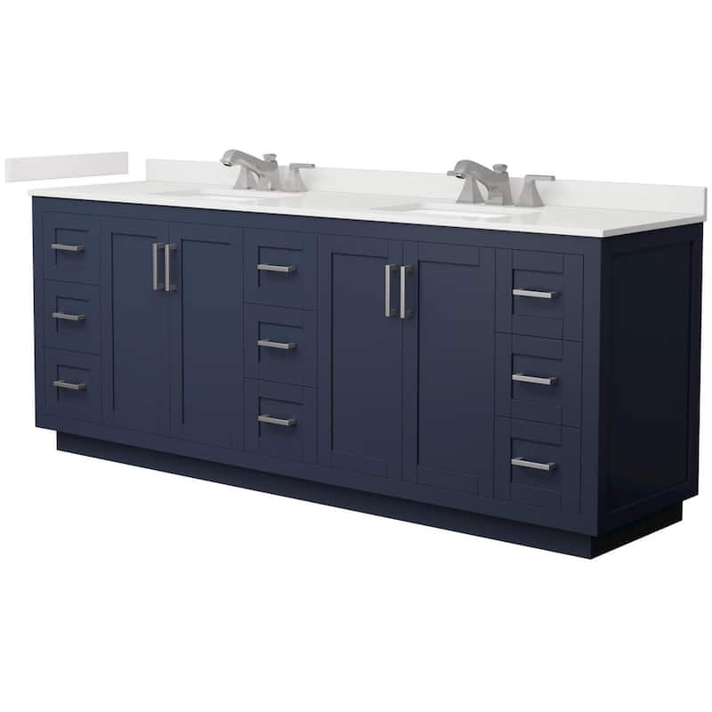 Wyndham Collection WCF292984D-QTZ-US3MXX Miranda 84" Free Standing - Dark Blue / White Quartz Top / Brushed Nickel