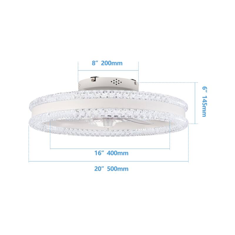 Double Crystal Ring Design LED Ceiling Fan with Light, Modern Flush Mount Ceiling Fan Chandelier, Retractable ABS Fan Blades