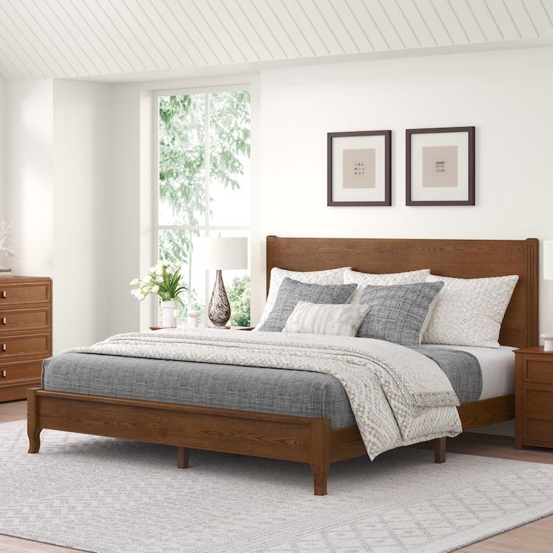 Solid Wood Panel Platform Bed with Headboard, Double Size Beds Wooden Rustic Bed Frame Bedroom Furniture - Walnut - King