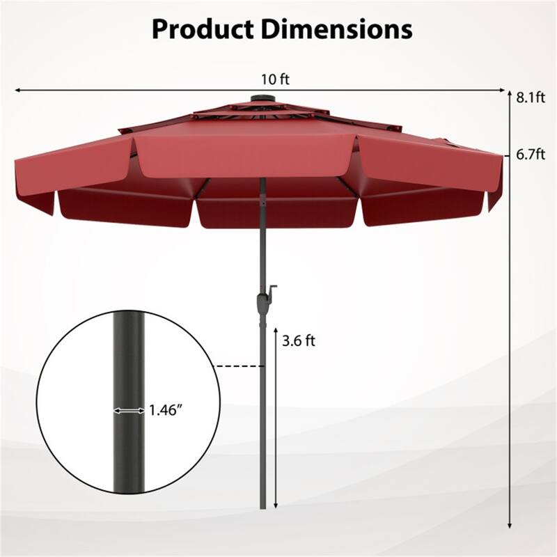 Outdoor 10 ft Umbrella with 3-Tier Venting Solar LED Lights Tilt and Crank for Poolside or Garden