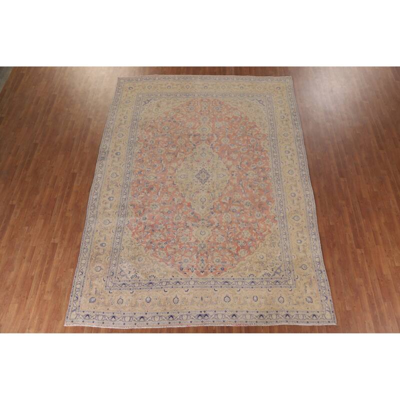 Hand Knotted Oriental 100% Wool Carpet Traditional Floral Coral Mashad Area Rug - 12' 7'' X 9' 3''