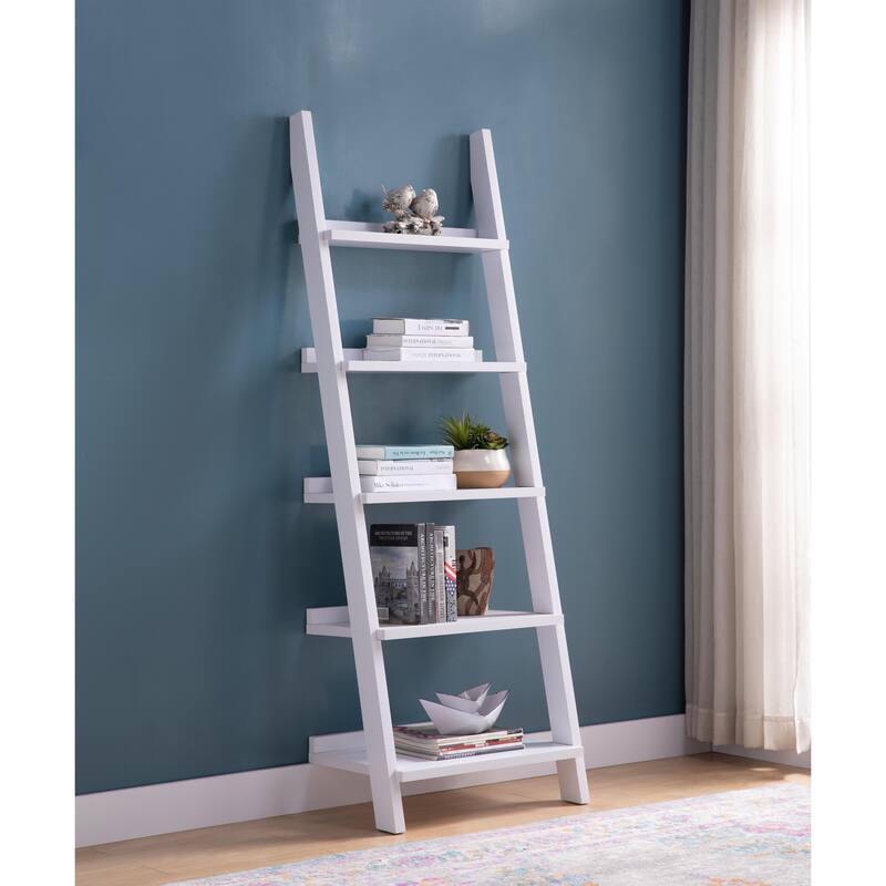 Bookcase Ladder Five Multi Depth Shelves With Back Molding Wall Support White - White