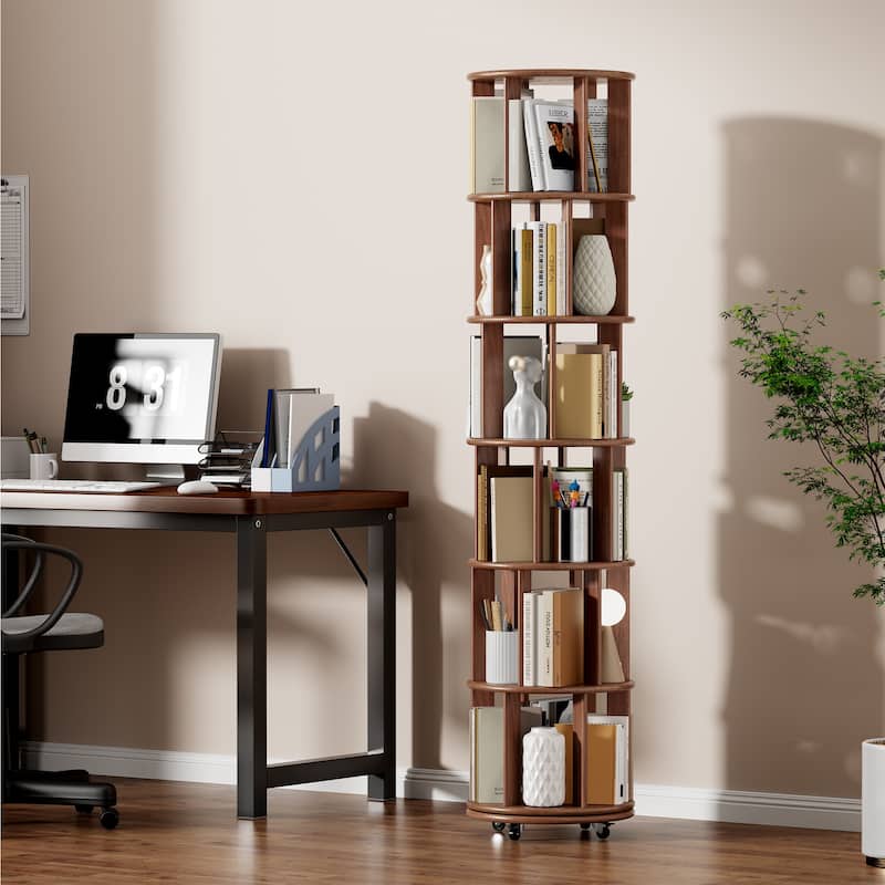 100%Solid Wood Rotating Bookshelf on Wheels, 6 Tier, Round Revolving Bookcase, 360°Spinning Book Shelf Tower, Narrow Bookshelves