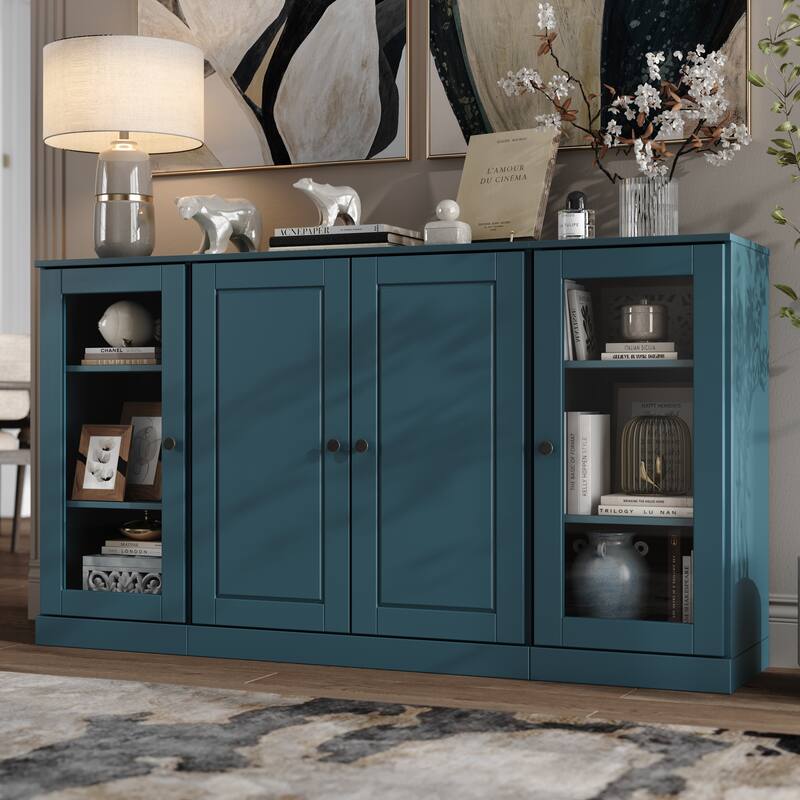 100% Solid Wood 65" Sideboard with Clear, Frosted Glass or Solid Wood Doors by Palace Imports - Teal Blue - Glass-Solid