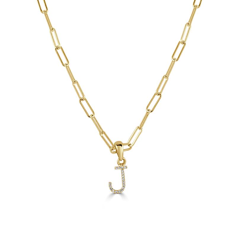 Joelle Collection Diamond Initial Letter Necklace Paperclip 14K Gold 16-inch Chain 1/10 TDW Necklace - J - Yellow