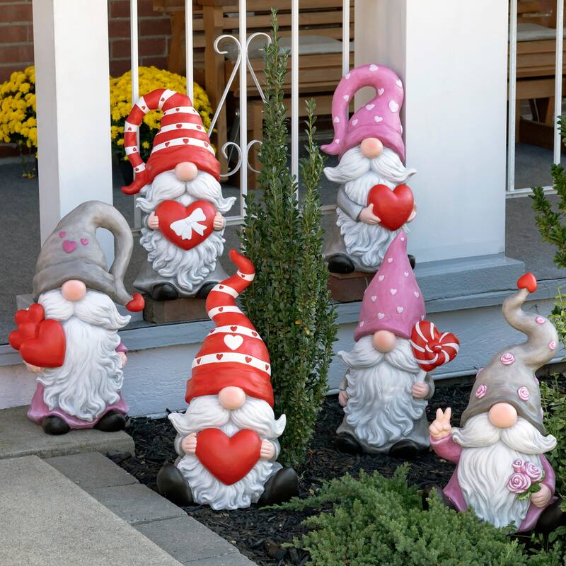 Magnesium Garden Gnome Sitting Holding Big Heart with Red Hat