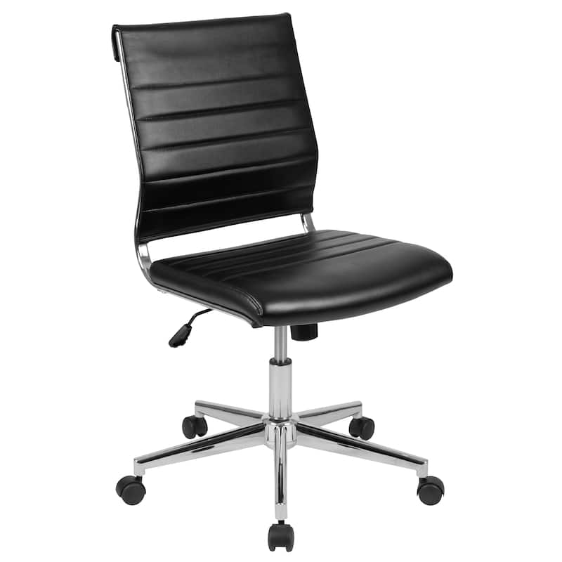 Mid-Back Armless LeatherSoft Contemporary Ribbed Executive Swivel Office Chair - Black
