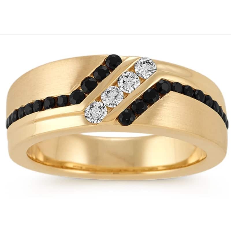 1 Ct TW Mens Black & White Diamond Wedding Band Yellow Gold Ring