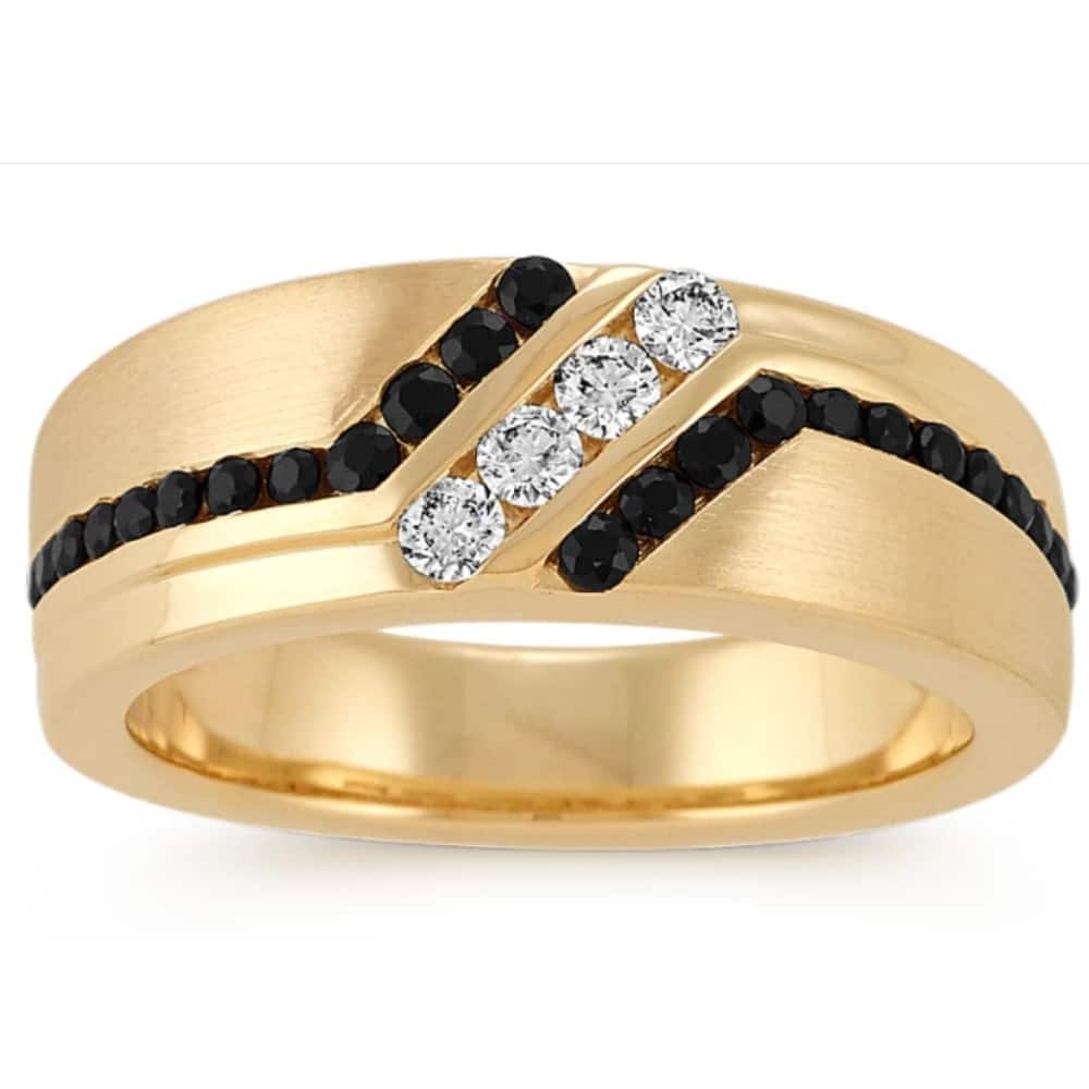 1 Ct TW Mens Black & White Diamond Wedding Band Yellow Gold Ring