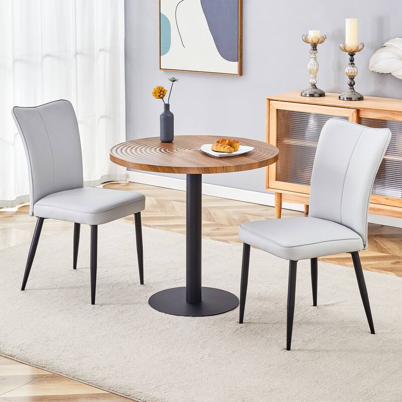 3-Piece Circular Dining Table and Chairs Set with Leather Dining Chair - Black Light Gray