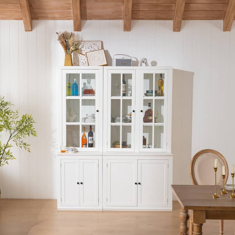 Roomfitters 75.25'' Pantry Cabinet Set with Glass Doors, Farmhouse Display Hutch Wall Storage Cabinet for Kitchen, White