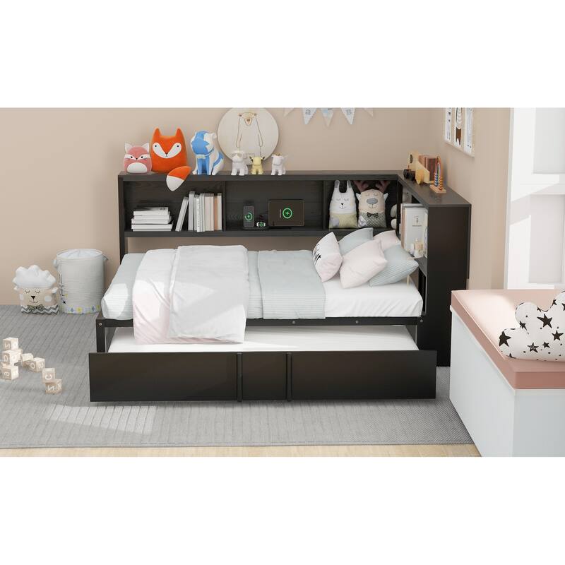 Full Size Metal Daybed with Trundle, Storage Cabinets, and USB Ports in Black